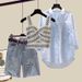 Women's Clothing Summer Suits For Women New Large Size Women's Clothing Shirt Top Suspenders With Denim Shorts Three Piece Suit_mkmklike.com
