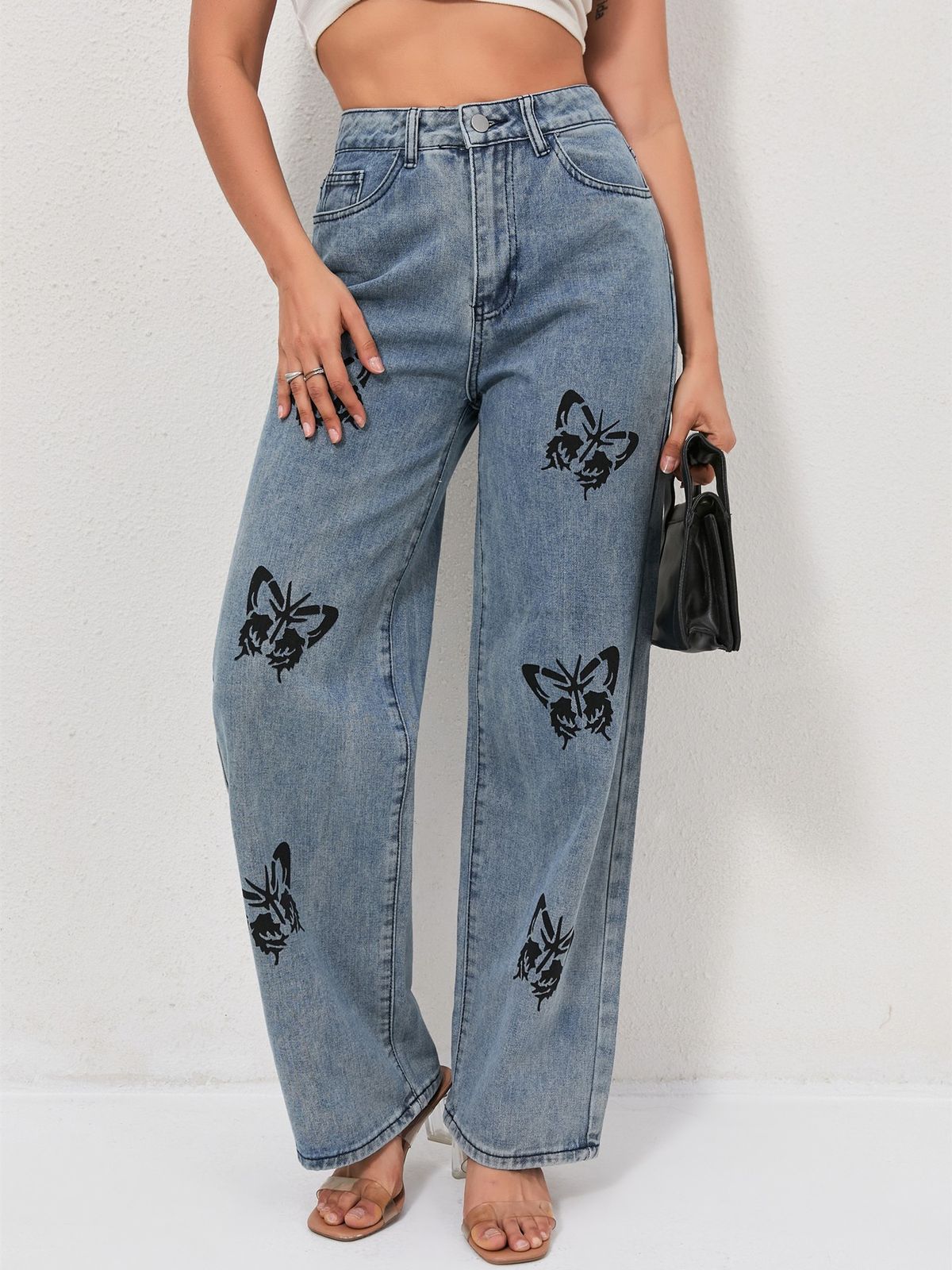 Vintage Floral Print Wide Leg Jeans For Women - High Waisted Relaxed Fit Denim Pants With Retro Street Style_mkmklike.com