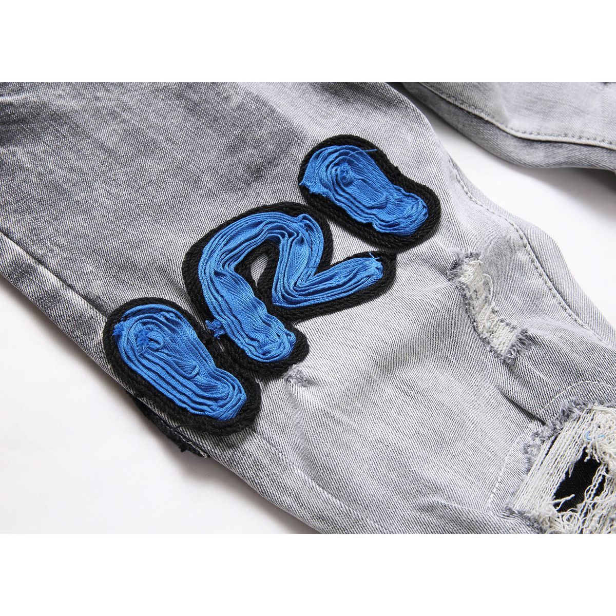 Men's Grey Skinny Jeans Ripped Patch Embroidered Stretch High Street Parkour Youth AM_mkmklike.com