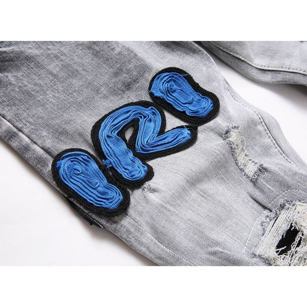 Men's Grey Skinny Jeans Ripped Patch Embroidered Stretch High Street Parkour Youth AM_mkmklike.com