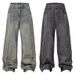 Men's Clothing Fashion Brand Tailoring Raw Edge Bar Design Washed Old Holes Worn White Wide Leg High Street Trend Men's Jeans_mkmklike.com