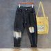 Men's Heavy Duty Distressed Washed Vintage Black Gradient Ripped Patch Jeans Straight Leg Loose Fit American Style_mkmklike.com