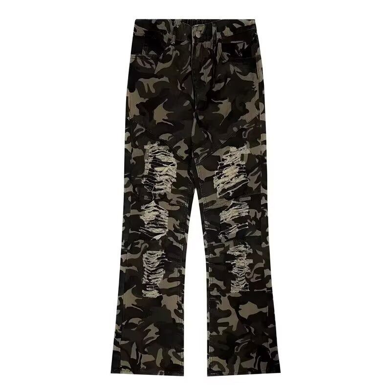 Unisex Retro Camo Wide Leg Jeans - High Street Straight Fit Floor-Length Denim Pants (S-3XL, Camouflage Print)_mkmklike.com