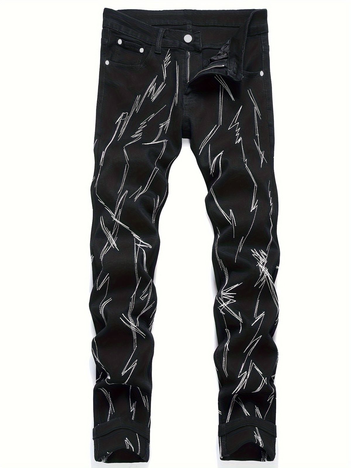 Elastic Irregular Lines Embroidered Flower Jeans For Men, Slimming And Casual Slim Fit Pants, Suitable For All Seasons, Black Pants_mkmklike.com