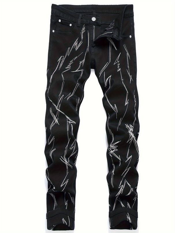 Elastic Irregular Lines Embroidered Flower Jeans For Men, Slimming And Casual Slim Fit Pants, Suitable For All Seasons, Black Pants_mkmklike.com