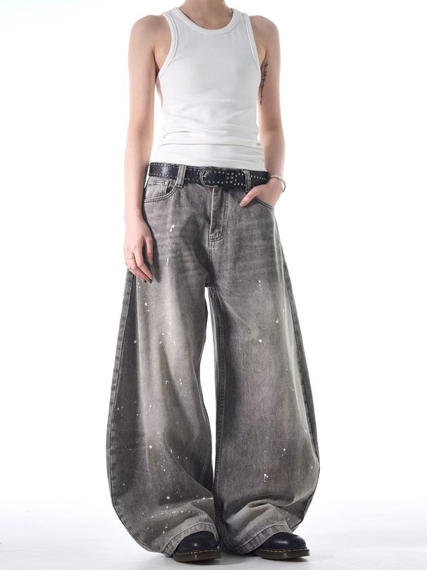 Men's Clothing Street Ink Wash Jeans Spring Retro And Handsome Vintage Wide Leg Scimitar Pants_mkmklike.com