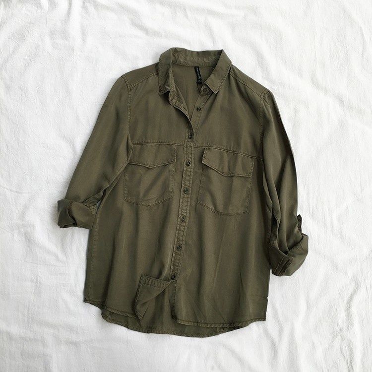 Chicco Tencel Long Sleeve Shirt Vintage Thin Loose Slimming Plus Size Denim Top Women Army Green Versatile_mkmklike.com