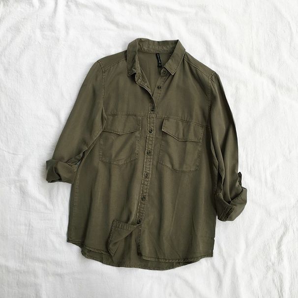Chicco Tencel Long Sleeve Shirt Vintage Thin Loose Slimming Plus Size Denim Top Women Army Green Versatile_mkmklike.com