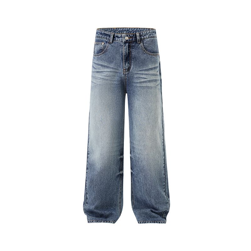 Men's Relaxed Straight Leg Jeans - Ice Blue Washed Denim With Natural Whiskering | Cleanfit Styling For Casual & Everyday Wear_mkmklike.com