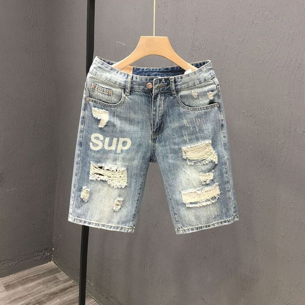 Men's Lightweight Ripped Denim Shorts Casual Straight Leg Mid-Length Capri Pants For Summer_mkmklike.com