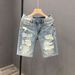 Men's Lightweight Ripped Denim Shorts Casual Straight Leg Mid-Length Capri Pants For Summer_mkmklike.com