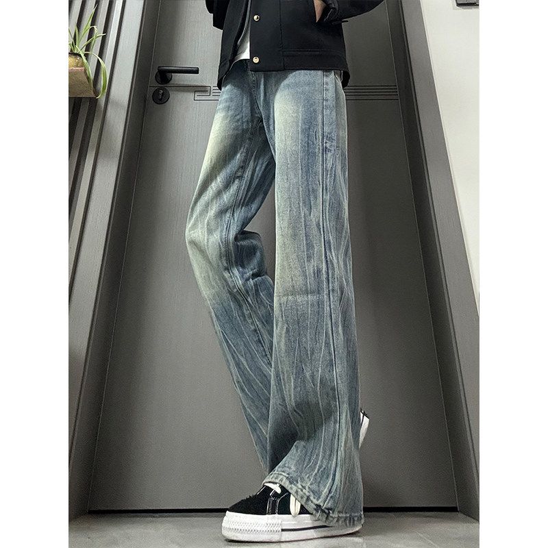 Men's Blue Wide Leg Jeans Retro Distressed Vintage Loose Straight Leg Trousers Mid Waist Long Curved Pants With Slight Stretch_mkmklike.com