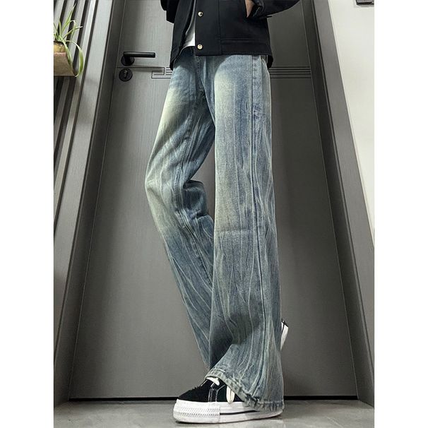Men's Blue Wide Leg Jeans Retro Distressed Vintage Loose Straight Leg Trousers Mid Waist Long Curved Pants With Slight Stretch_mkmklike.com