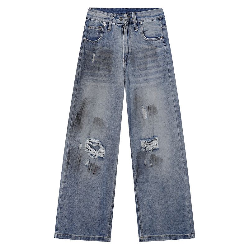 Men's Clothing Dirty Dyed Ripped Jeans For Men All Seasons Trendy Brand Design Wide Leg Pants Cleanfit Loose Trousers_mkmklike.com