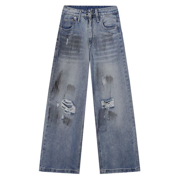 Men's Clothing Dirty Dyed Ripped Jeans For Men All Seasons Trendy Brand Design Wide Leg Pants Cleanfit Loose Trousers_mkmklike.com