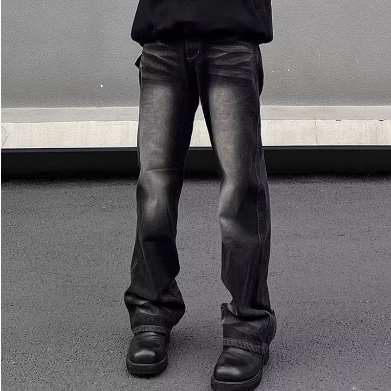 Retro Washed Flared Jeans for Men Slim Fit Straight Leg Black And Gray High Street Style Trendy Brand American Style_mkmklike.com