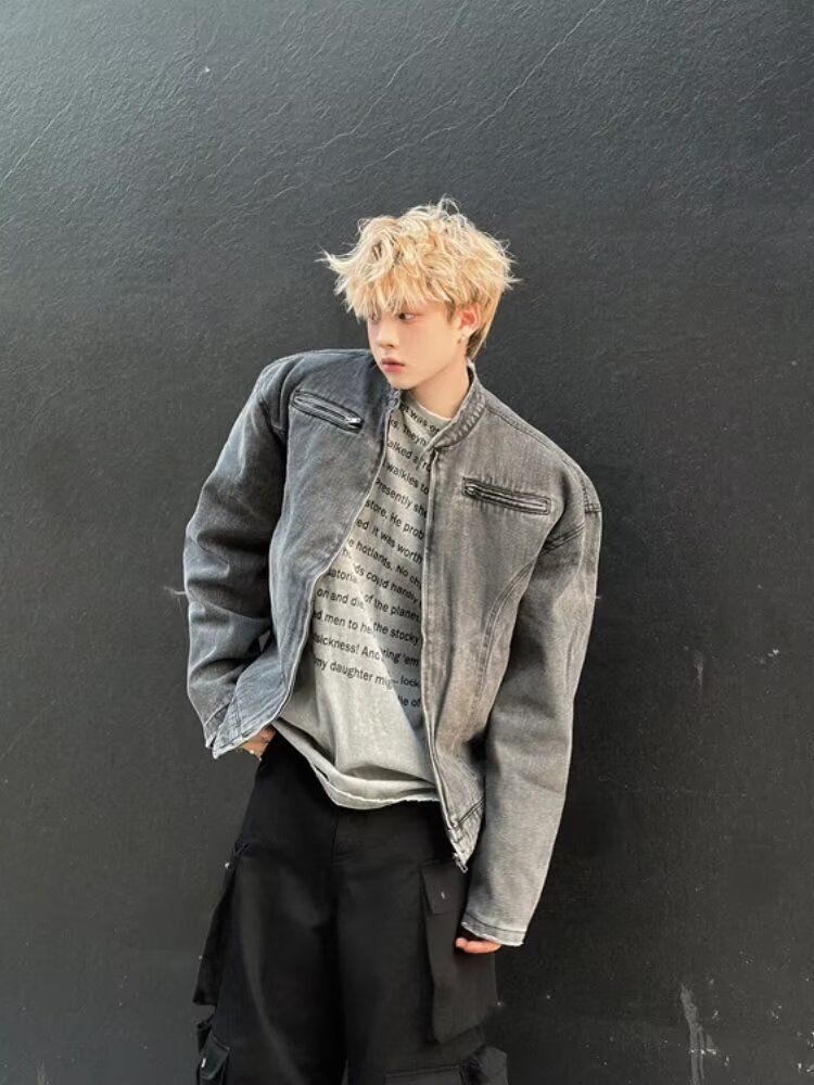 Washed Black Zipper Decorative Design Denim For Men's Niche Motorcycle Standing Collar Jacket_mkmklike.com