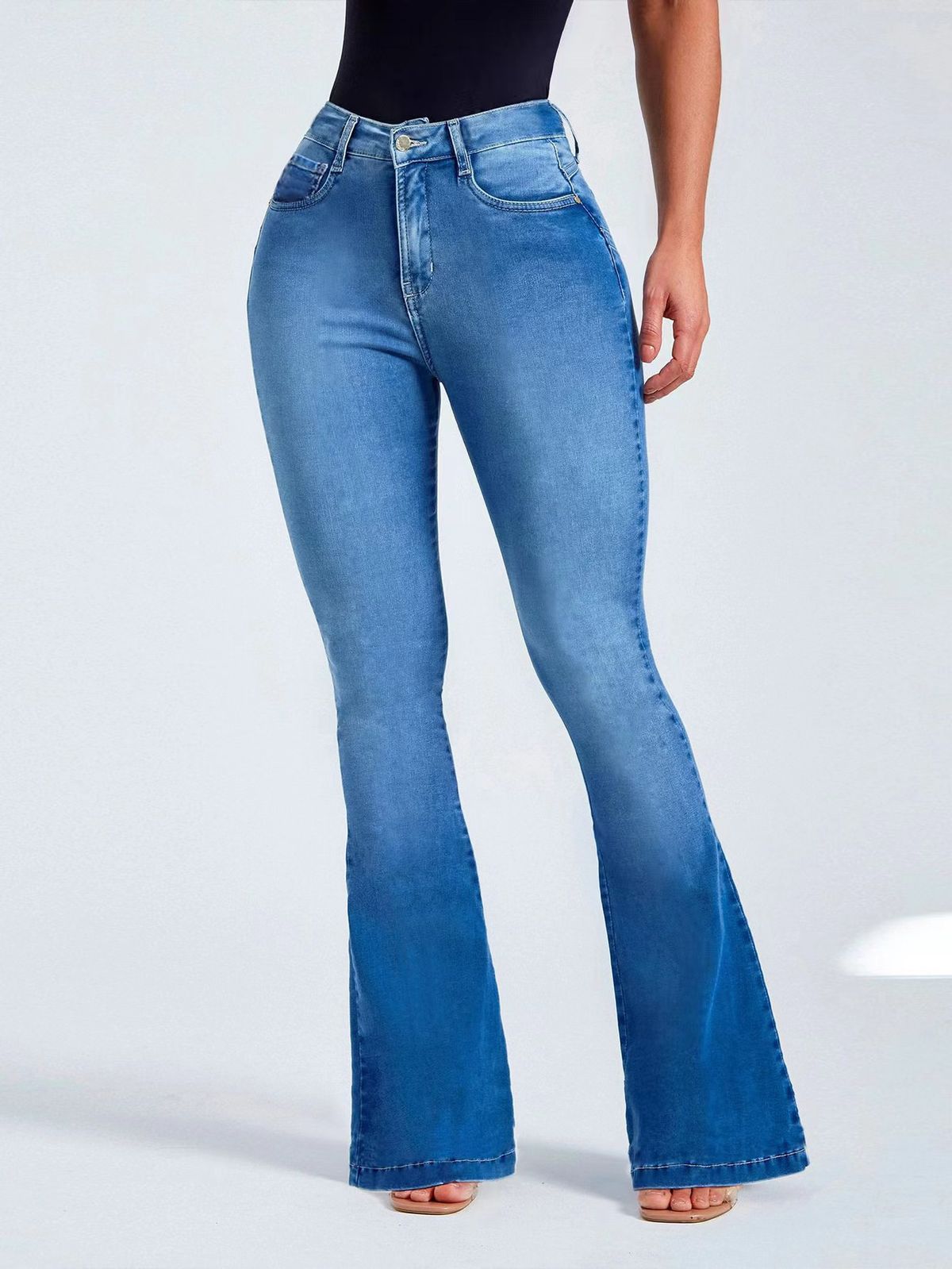 2025 spring new cross border European and American foreign trade high waist slim stretch flared jeans women's trousers_mkmklike.com