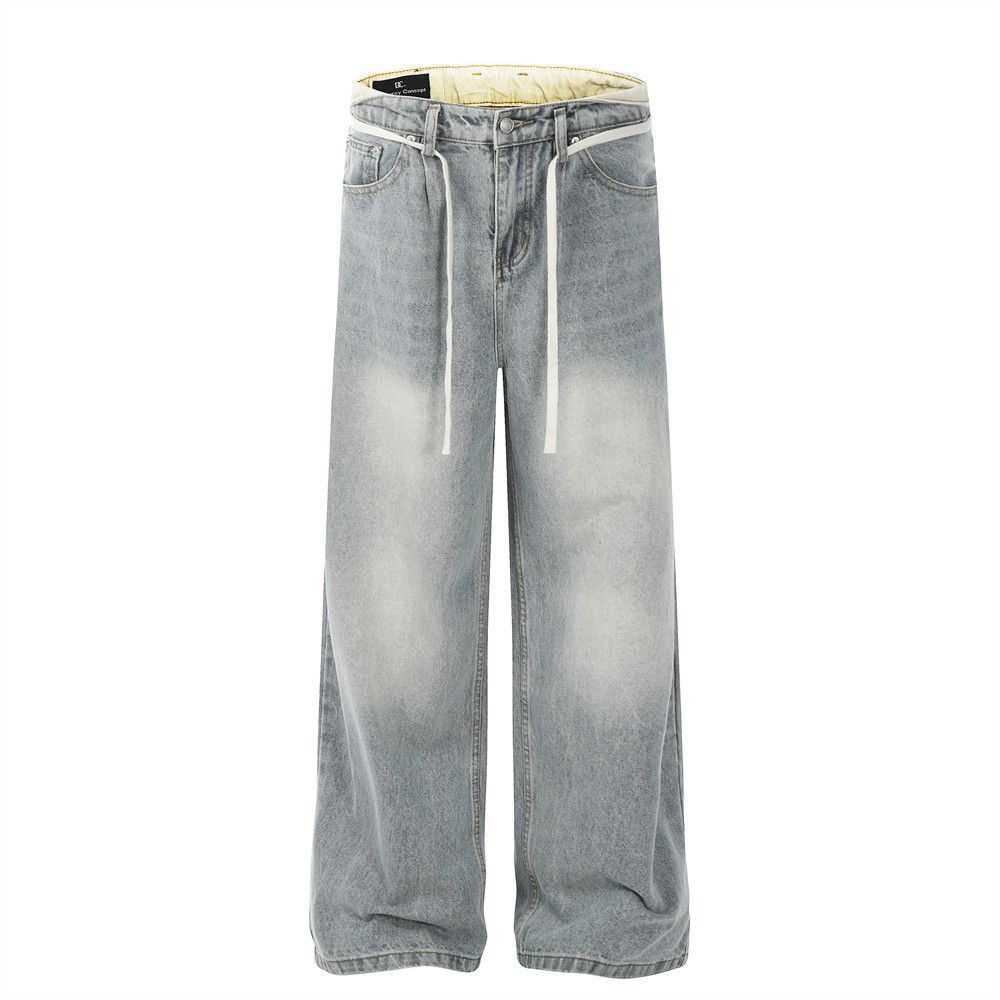 American Style Lace-up Jeans Washed And Distressed Simple Loose Men's Street Fashion Ins Straight-leg Pants Wide-leg_mkmklike.com