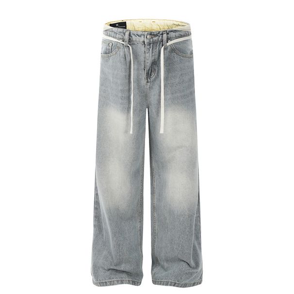 American Style Lace-up Jeans Washed And Distressed Simple Loose Men's Street Fashion Ins Straight-leg Pants Wide-leg_mkmklike.com