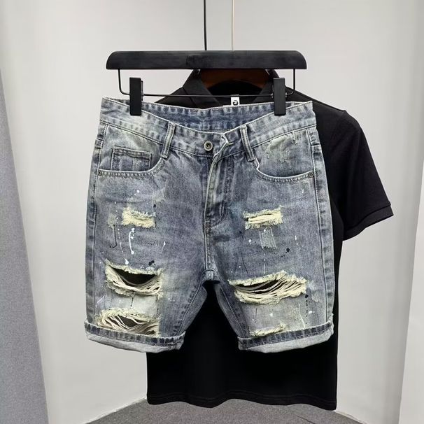 Men's Summer Thin Retro Scratched Hole Denim Shorts Loose Fit Mid-Length Trendy Korean Five Point Pants Breeches_mkmklike.com