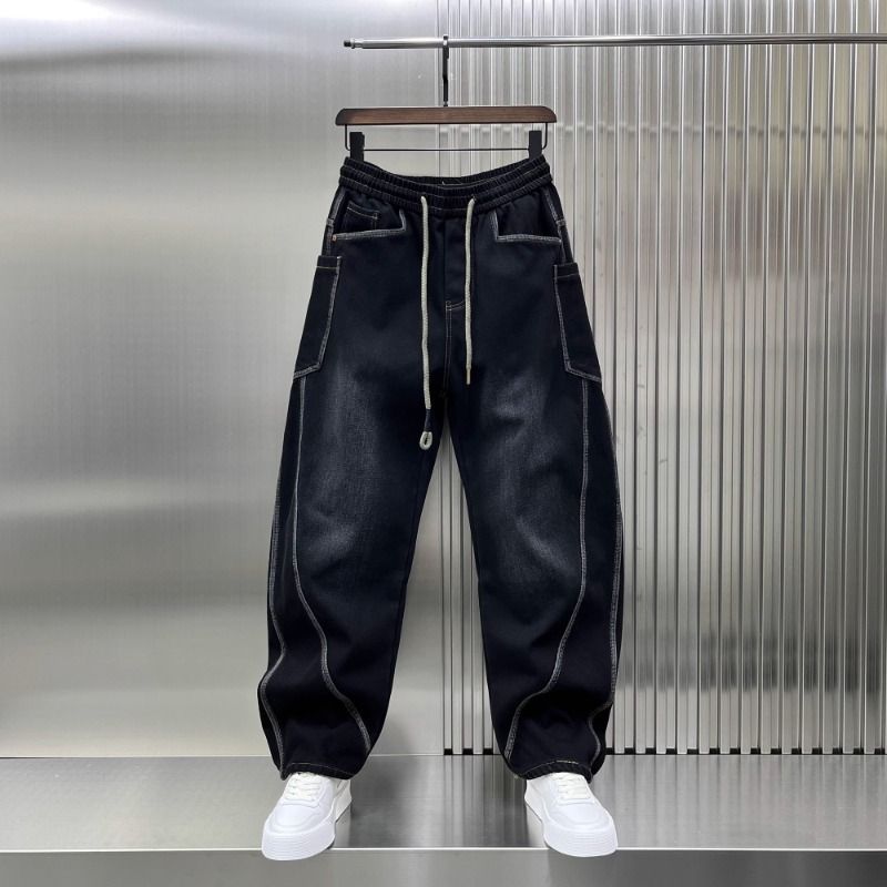 Retro Washed Denim Pants For Men - Vintage Loose Straight-Leg Jeans With Curved Hem & Distressed Details_mkmklike.com