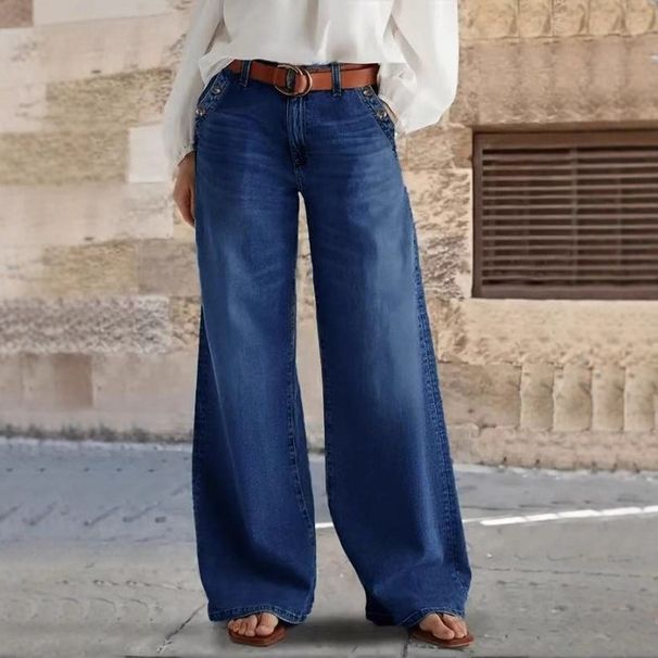 Women's High-Waisted Wide-Leg Jeans – Vintage Washed Denim With Multi-Button Detail For Casual & Streetwear_mkmklike.com