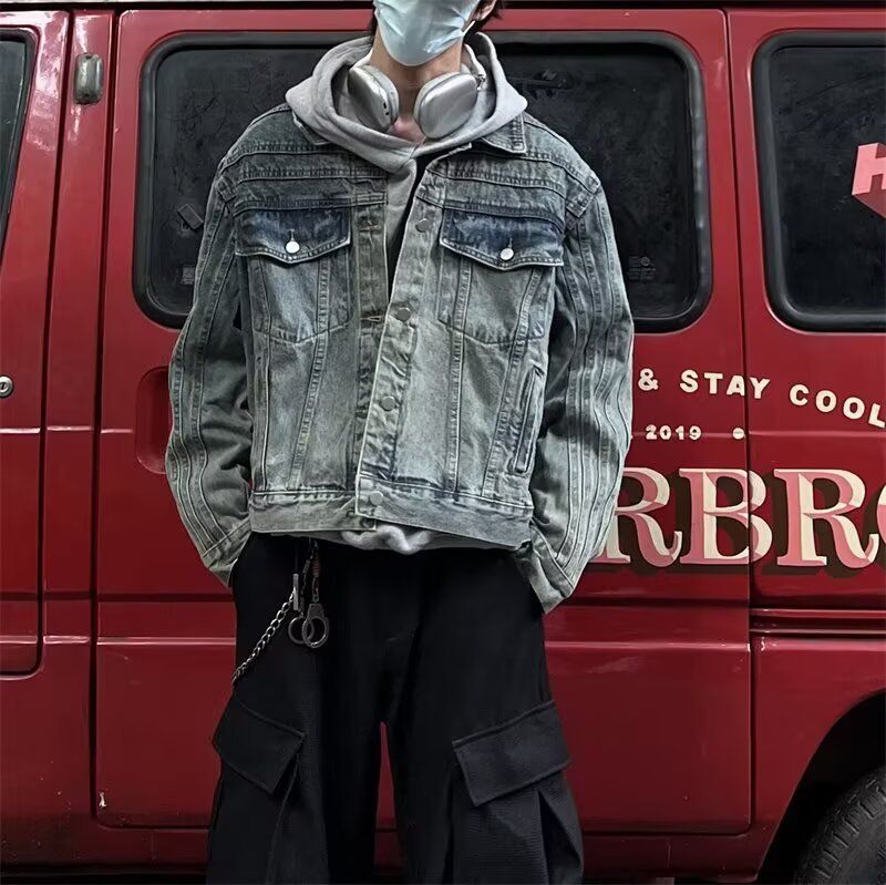 Washed Shoulder Padded Denim Jacket, Men's Vintage Workwear, Lapel, Short Jacket_mkmklike.com