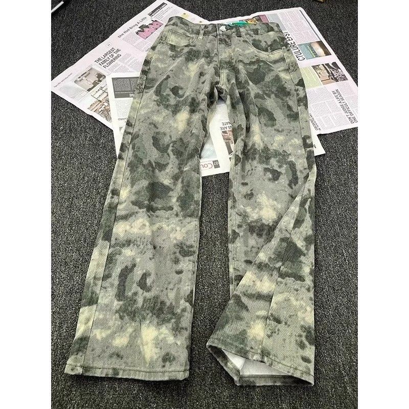 Men's Vintage Camo Cargo Jeans - Distressed Washed Straight Leg Loose Fit High Street Fashion With Multiple Pockets_mkmklike.com