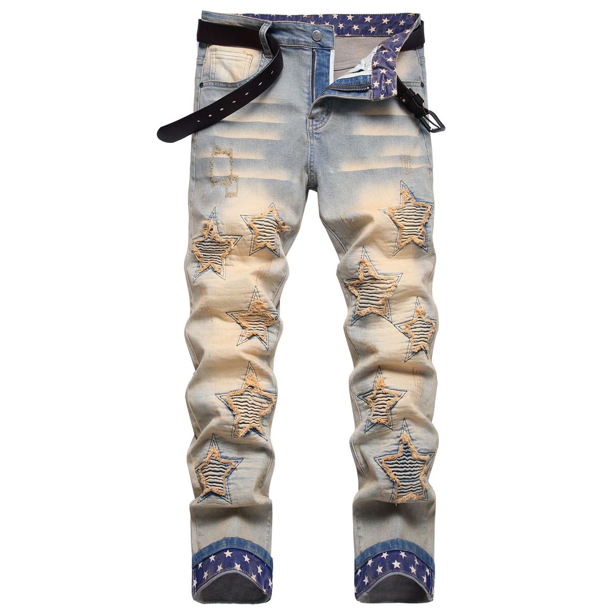 Men's Clothing Youth Street Trend Embroidery Embroidery Retro Cuff Fashion Stretch Denim Trousers_mkmklike.com