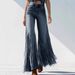 Women's Clothing Fringe Hem Raw Edge Distressed Denim Pants For Women - High Waisted Straight Leg Boho Chic Trousers With Asymmetrical Design_mkmklike.com