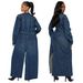 "Stylish Long Sleeve Denim Duster Coat With Pockets - Oversized Open Front Jacket For Women, Streetwear Fashion, S/M/L/XL/2XL"_mkmklike.com