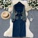 Women's Clothing Niche Long Sleeved Striped Stitching Lapel Metal Button Waist Slim Fit Slit Denim Dress For Women_mkmklike.com