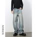 Men's Clothing Retro Silhouette Washed Scimitar Jeans Men's Trendy Brand Loose Straight Wide Leg Trousers_mkmklike.com