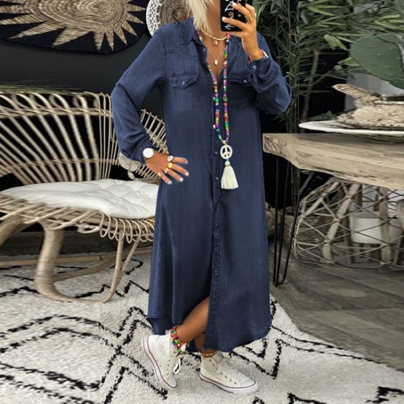 Spring Denim Shirt Dress – Oversized Button-Down Collar & Relaxed Fit (S-5XL, Vintage Boho Mid-Length Dress For Women)_mkmklike.com