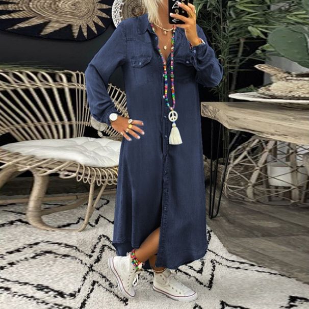 Spring Denim Shirt Dress – Oversized Button-Down Collar & Relaxed Fit (S-5XL, Vintage Boho Mid-Length Dress For Women)_mkmklike.com
