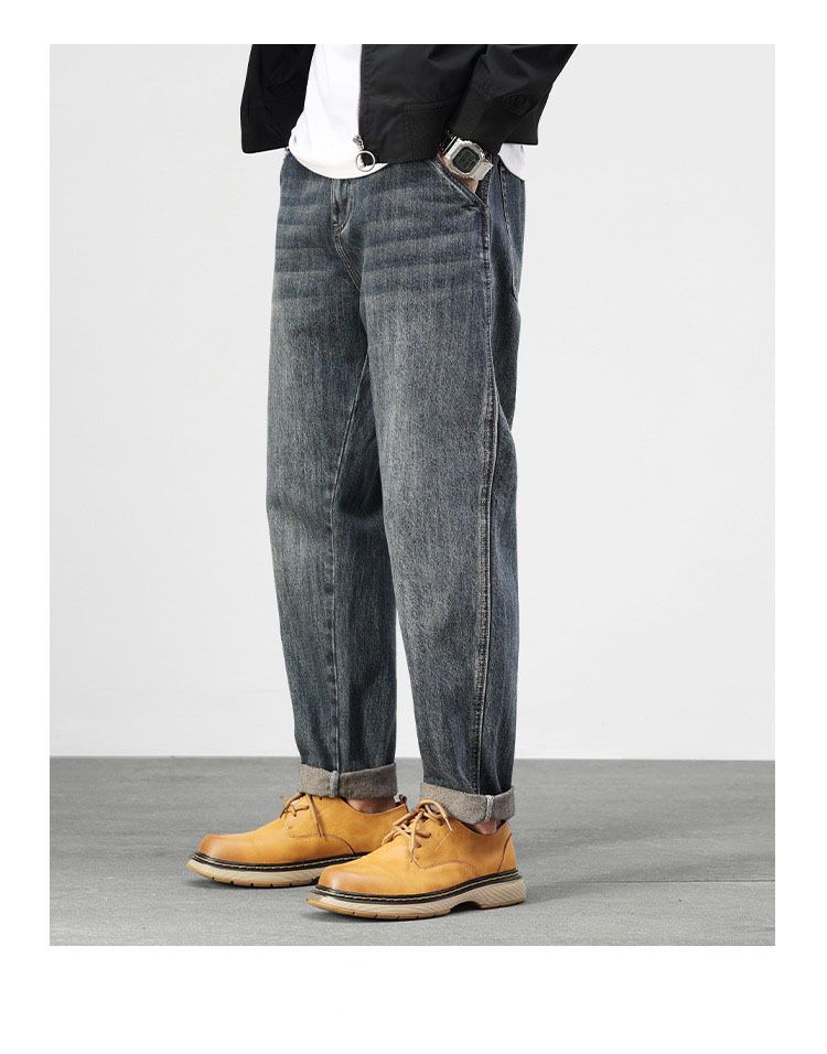 American Style Plush Thick Jeans Men's Winter Trend Straight Tube Loose Fitting Harem Washed Nine Inch Long Pants_mkmklike.com