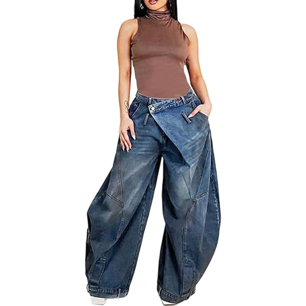 BN367 Wide Leg Jeans for Women Fashion Cross Border E-commerce European American Style Washed Distressed Patch Pocket Hot Selling_mkmklike.com