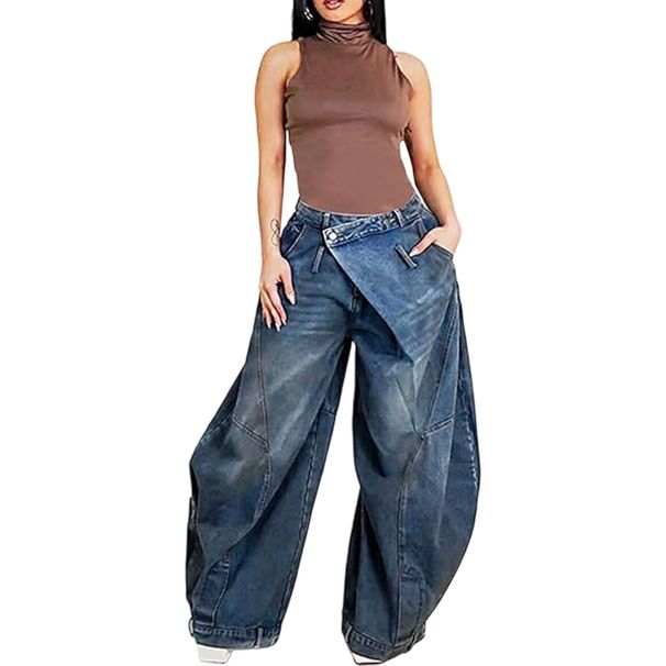 BN367 Wide Leg Jeans for Women Fashion Cross Border E-commerce European American Style Washed Distressed Patch Pocket Hot Selling_mkmklike.com