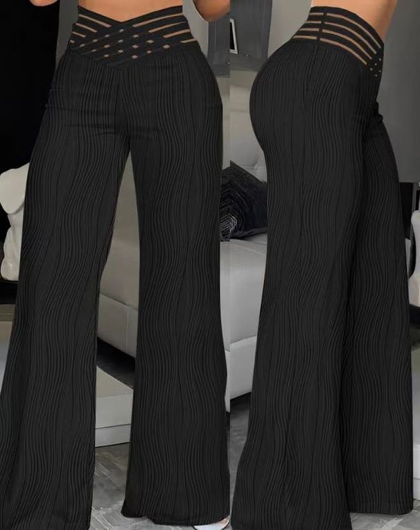 Women's Clothing water ripple high waisted straight casual wide leg hollowed out foreign style textured loose drape trousers_mkmklike.com