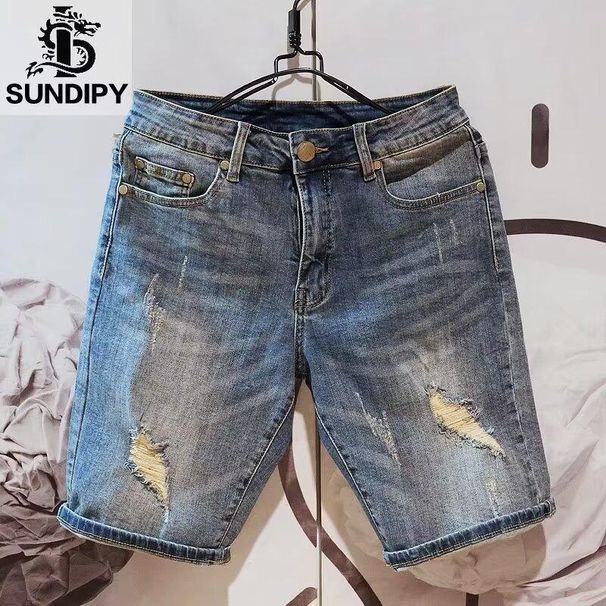 Men's Washed Workwear Denim Shorts Mid-Length Loose Straight Sports Pants Summer Thin Blue Low Waist Versatile American Street_mkmklike.com