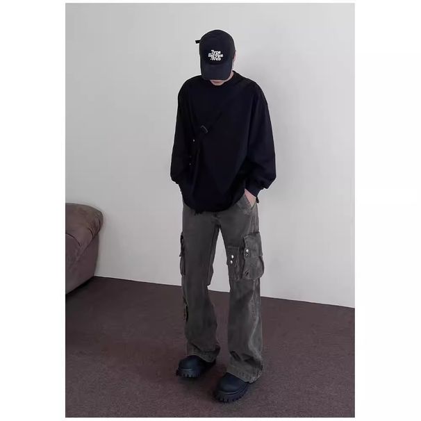 American Style Tie-Dye Multi-Pocket Jeans Men High Street Dirty Fit Slightly Flared Casual Straight Leg Cargo Pants_mkmklike.com