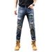 Trendy Patched Ripped Jeans For Men Stretchy Slim Fit Korean Style Fashionable Embroidered Trousers_mkmklike.com