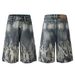 Men’s Clothing Men's Retro Sprayed Monkey Washed Denim Shorts Men's Straight Loose Flame Shorts_mkmklike.com