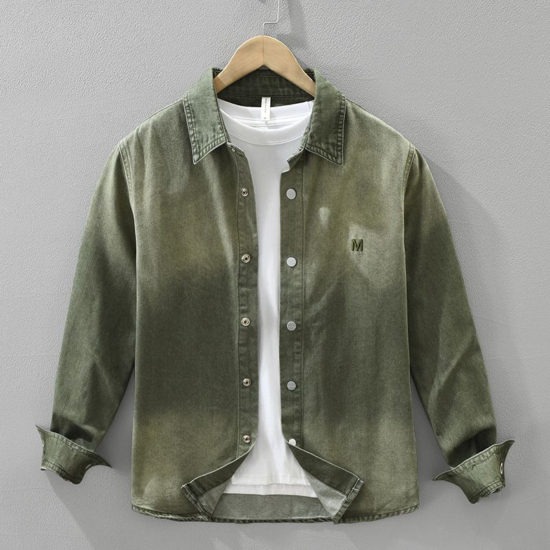 Trendy Denim Long Sleeved Shirt, Men's Embroidered Versatile Artistic Casual Loose Top_mkmklike.com