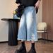 Glacier Blue Ripped Denim Shorts With Rough Edges, Men's American Washed Silhouette Design, Straight Leg Casual Cropped_mkmklike.com