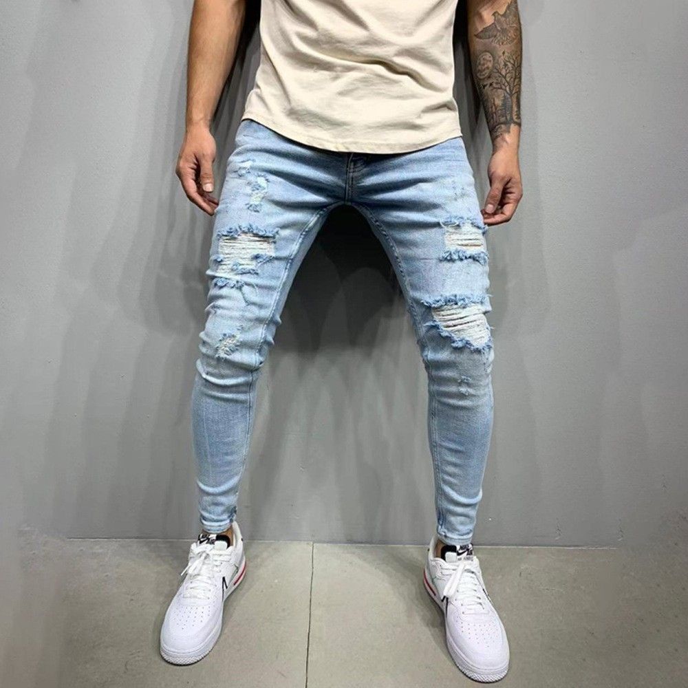 Men's Trendy Ripped Jeans Washed Street Style Cool Trousers European American Foreign Trade Factory Direct Sales Dropshipping_mkmklike.com