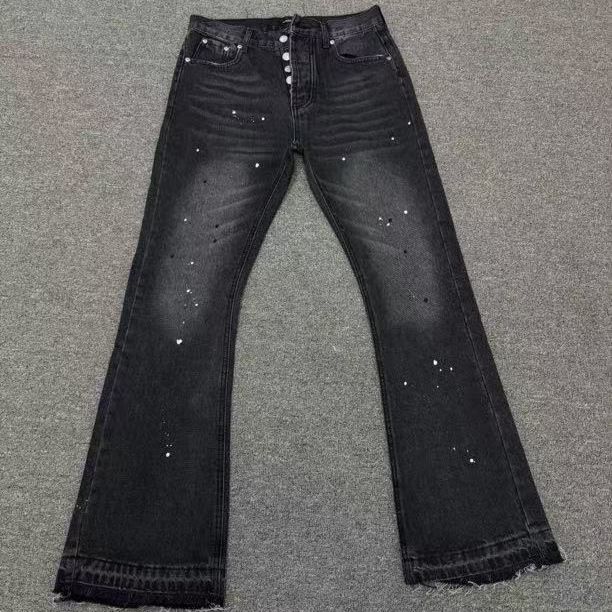 "Men's Retro Flared Jeans – AFR-Inspired Washed Black | Ink Splatter & Cat Whisker Details | Destroyed Texture & Stacked Hem"_mkmklike.com