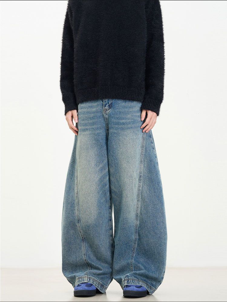 Vintage Washed Distressed Jeans – Retro Wide Leg Loose Fit For Men & Women, 90s Grunge Style With Curved Hem_mkmklike.com