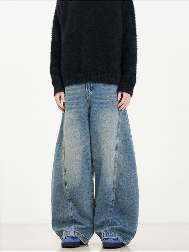 Vintage Washed Distressed Jeans – Retro Wide Leg Loose Fit For Men & Women, 90s Grunge Style With Curved Hem_mkmklike.com